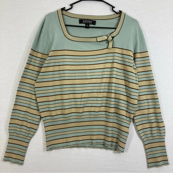 Kasper Square Neck Bow Detail Striped Tight Knit Vintage Inspired Sweater XL - Picture 1 of 10